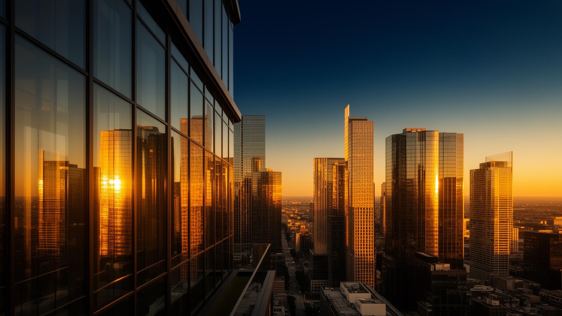 Internationale Skyline bei Sonnenuntergang